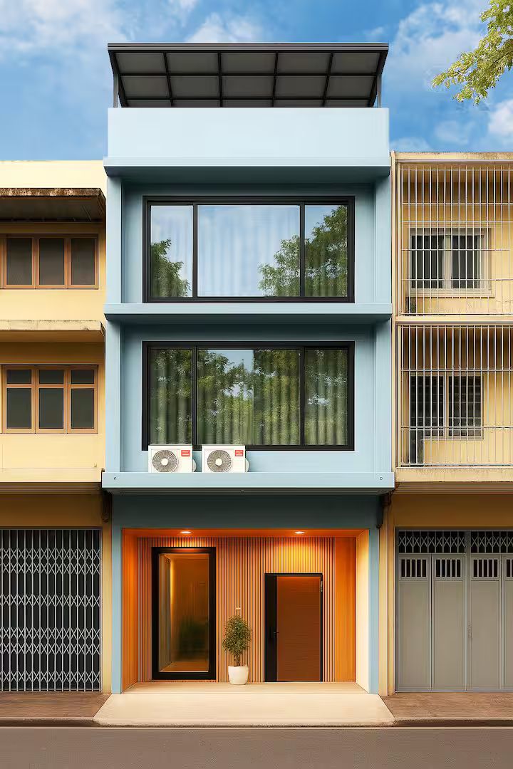 A modern two-story building with a flat roof, large windows, and a visible air conditioning unit.