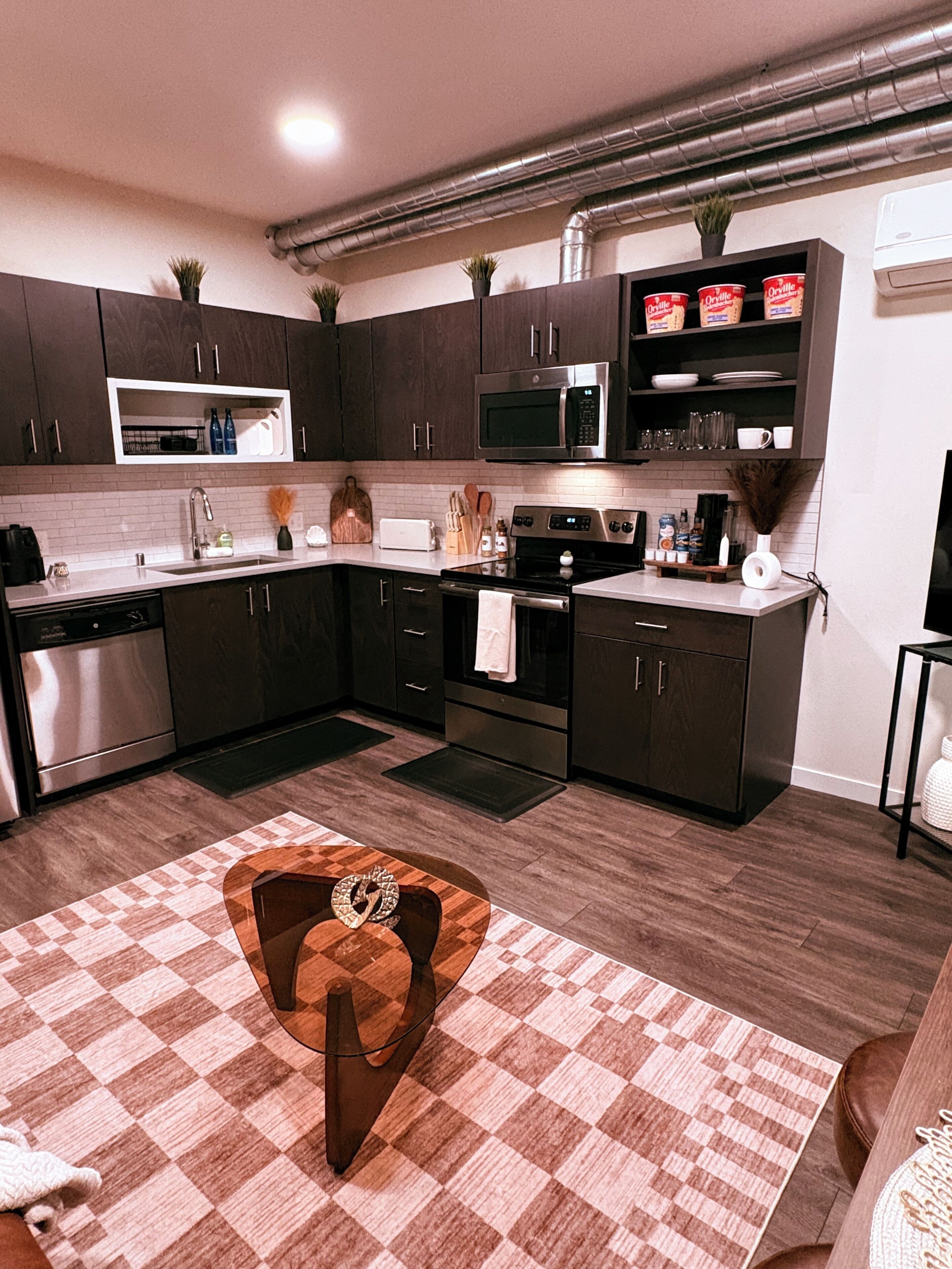 A modern kitchen with dark cabinetry, stainless steel appliances, and a checkered rug.