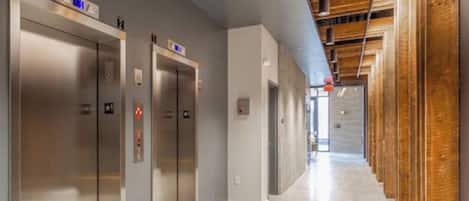 Un espace moderne pour les ascenseurs, comprenant deux ascenseurs, un panneau de commande et un couloir dont le mur droit est recouvert de lambris en bois.