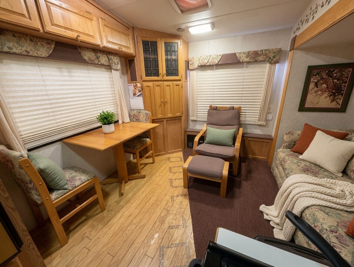 A compact RV interior with a wooden table, two chairs, a sofa, and a small plant.