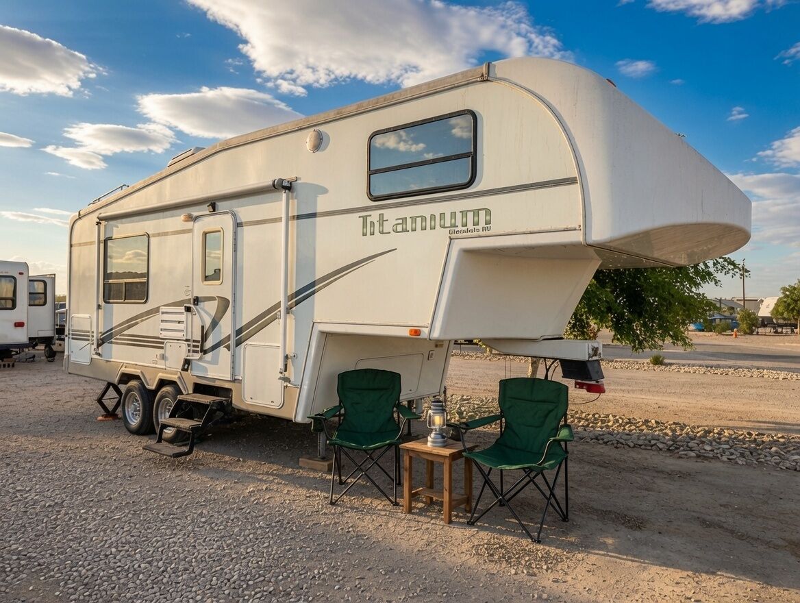 A recreational vehicle with a kitchenette area, two green folding chairs, and a small table with a lantern.