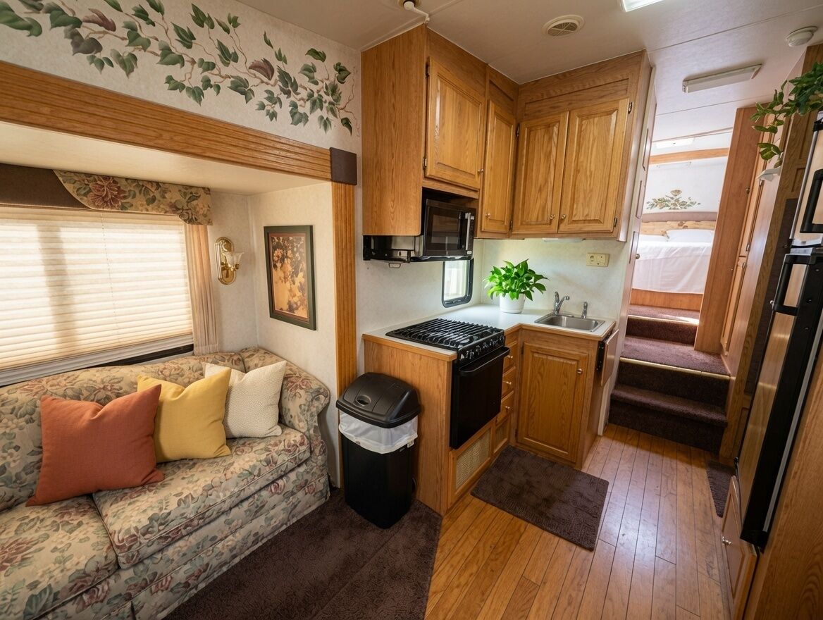 A compact RV kitchen with wooden cabinets, a stove, a microwave, and a sink.