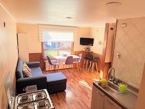 A compact living space with a kitchenette, a dining area, and a sofa.