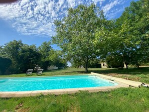 Ein Swimmingpool, umgeben von Gras und Bäumen, mit blauem Himmel darüber.