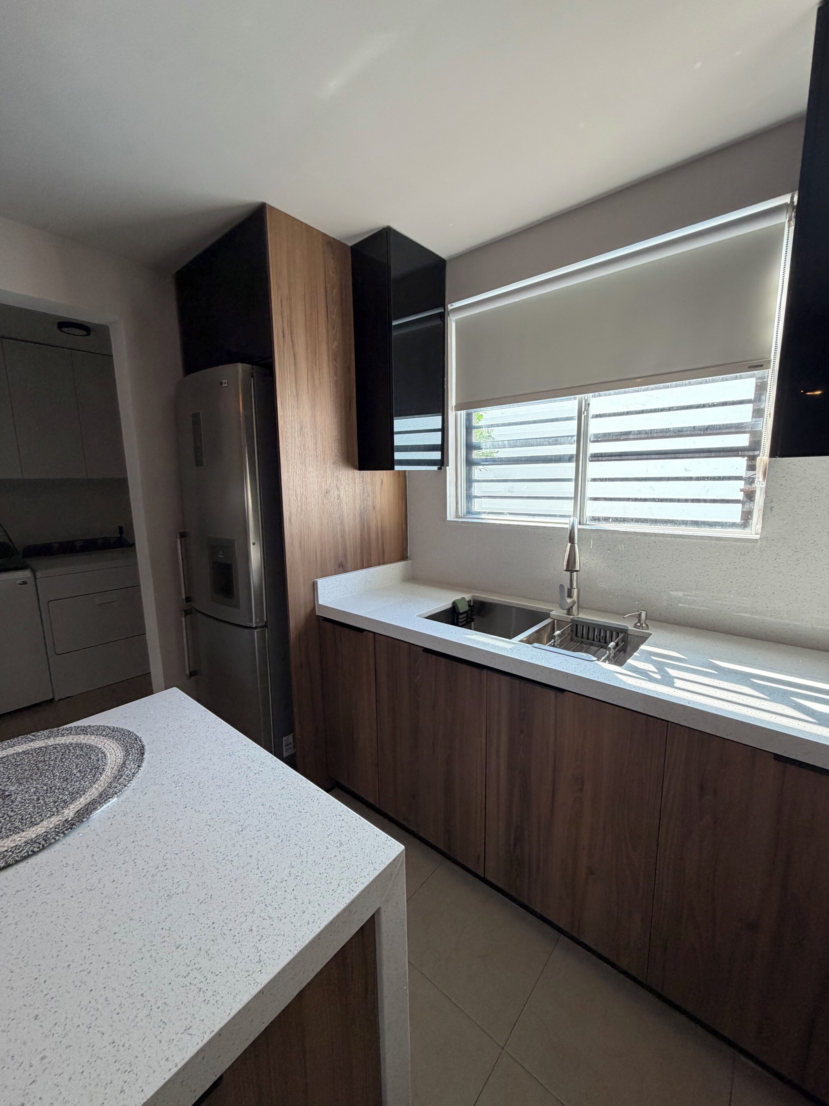 A modern kitchen with a built-in refrigerator, a double sink, and a window above the sink.