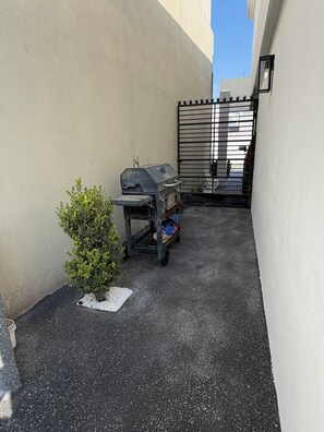 Un petit espace extérieur, avec un barbecue et une petite plante.