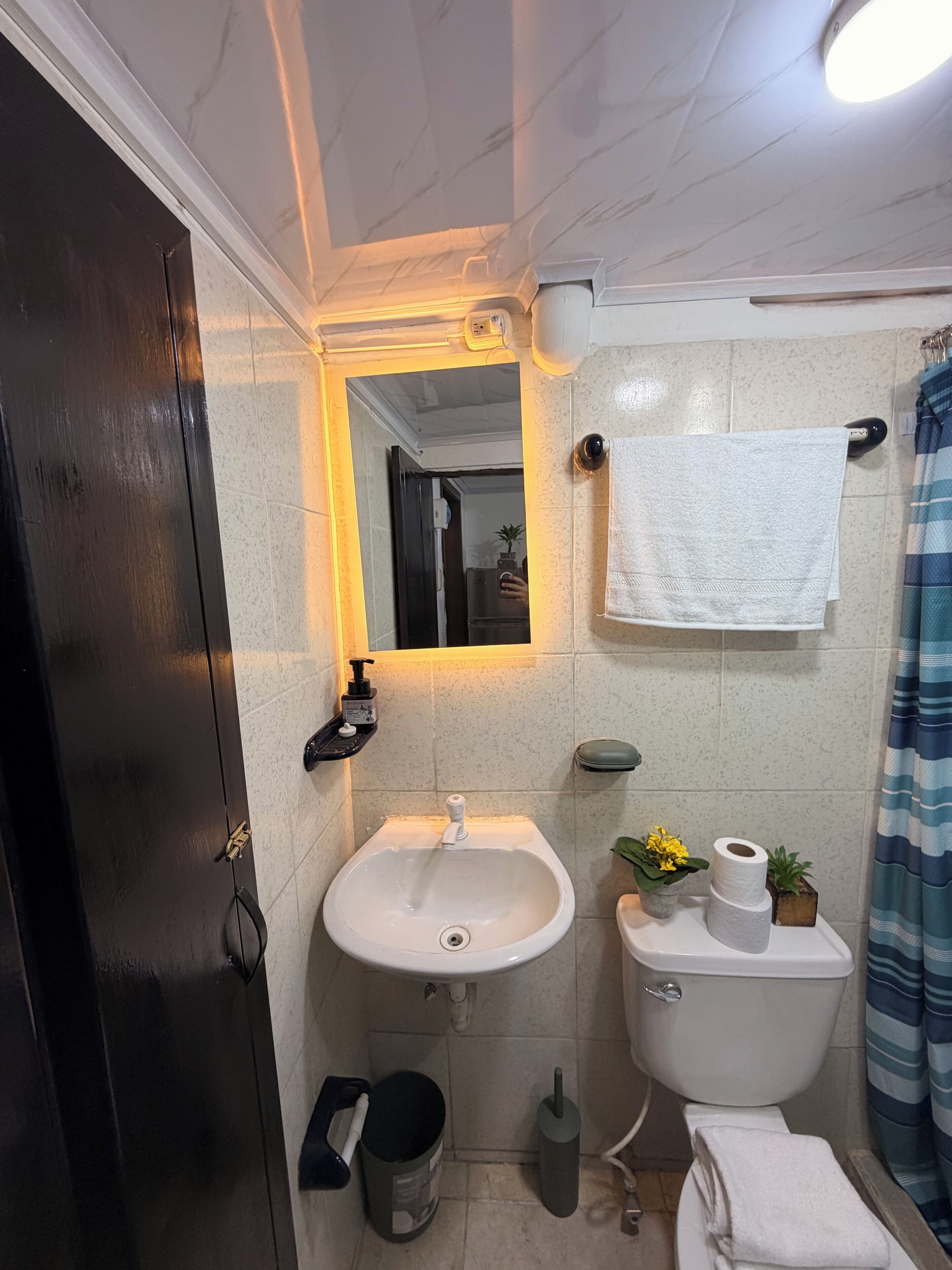 Secador de cabelo, toalhas de banho, sabonete, papel higiênico