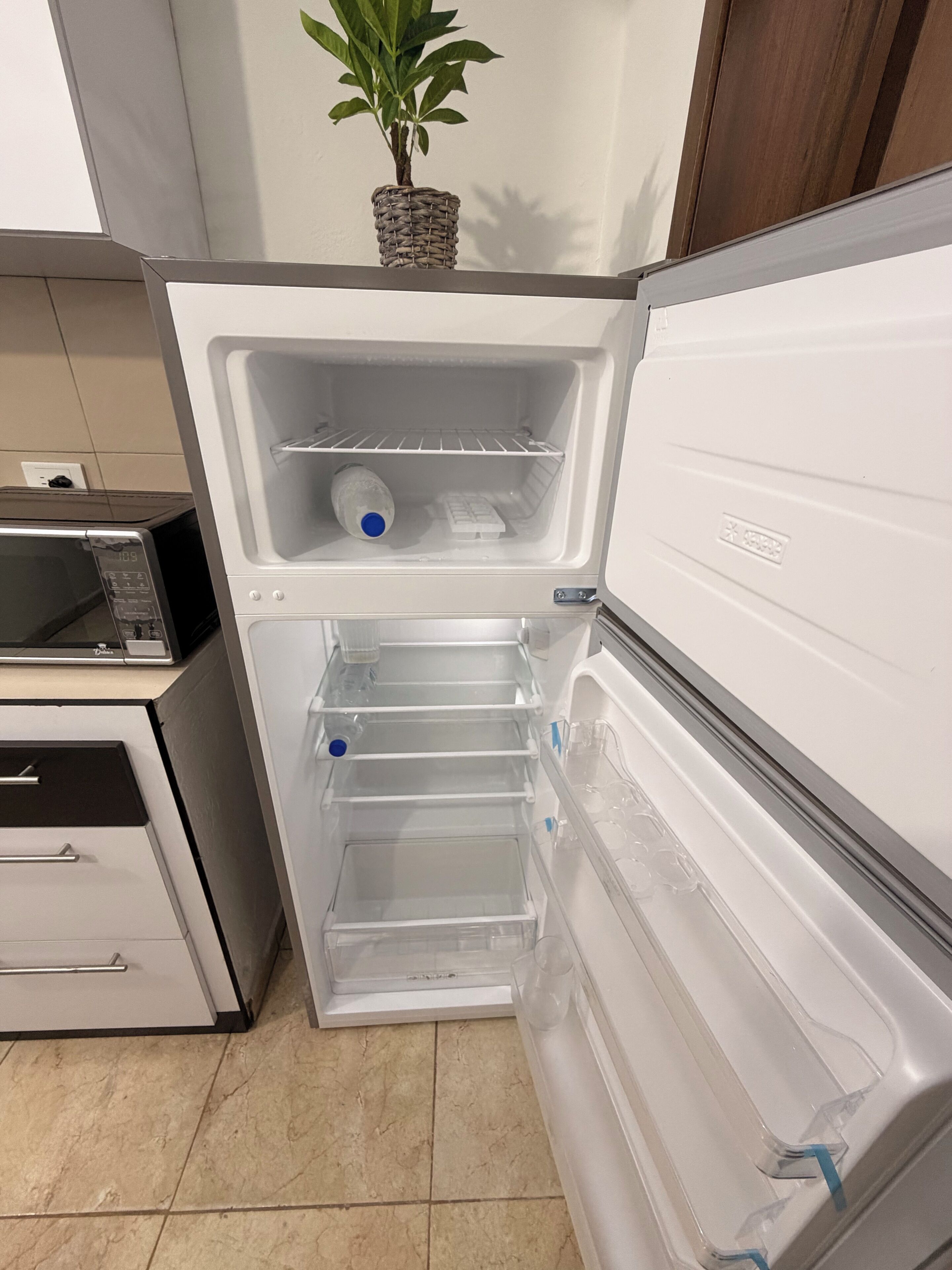 Una cocina con microondas integrado, refrigerador con congelador y una planta en maceta sobre la encimera.