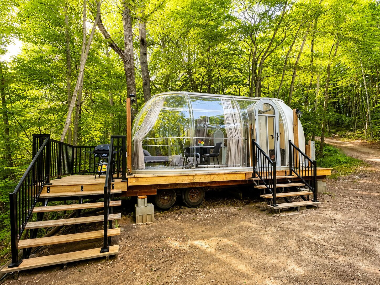 A transparent, dome-shaped structure with a wooden deck and black railings, surrounded by a forest.