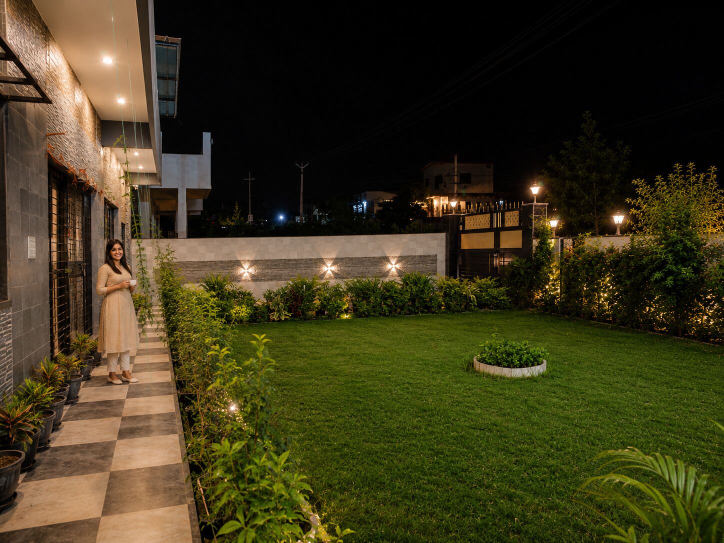 A well-maintained garden with a checkered pathway leading to a building entrance, surrounded by lush greenery and decorative lighting.