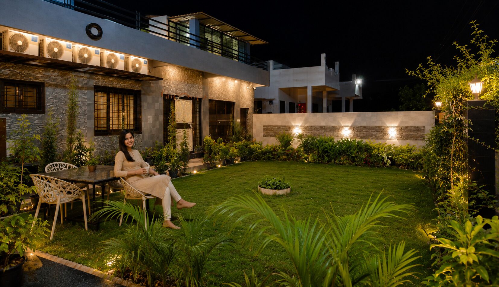 A modern building with a well-maintained lawn and outdoor seating area.
