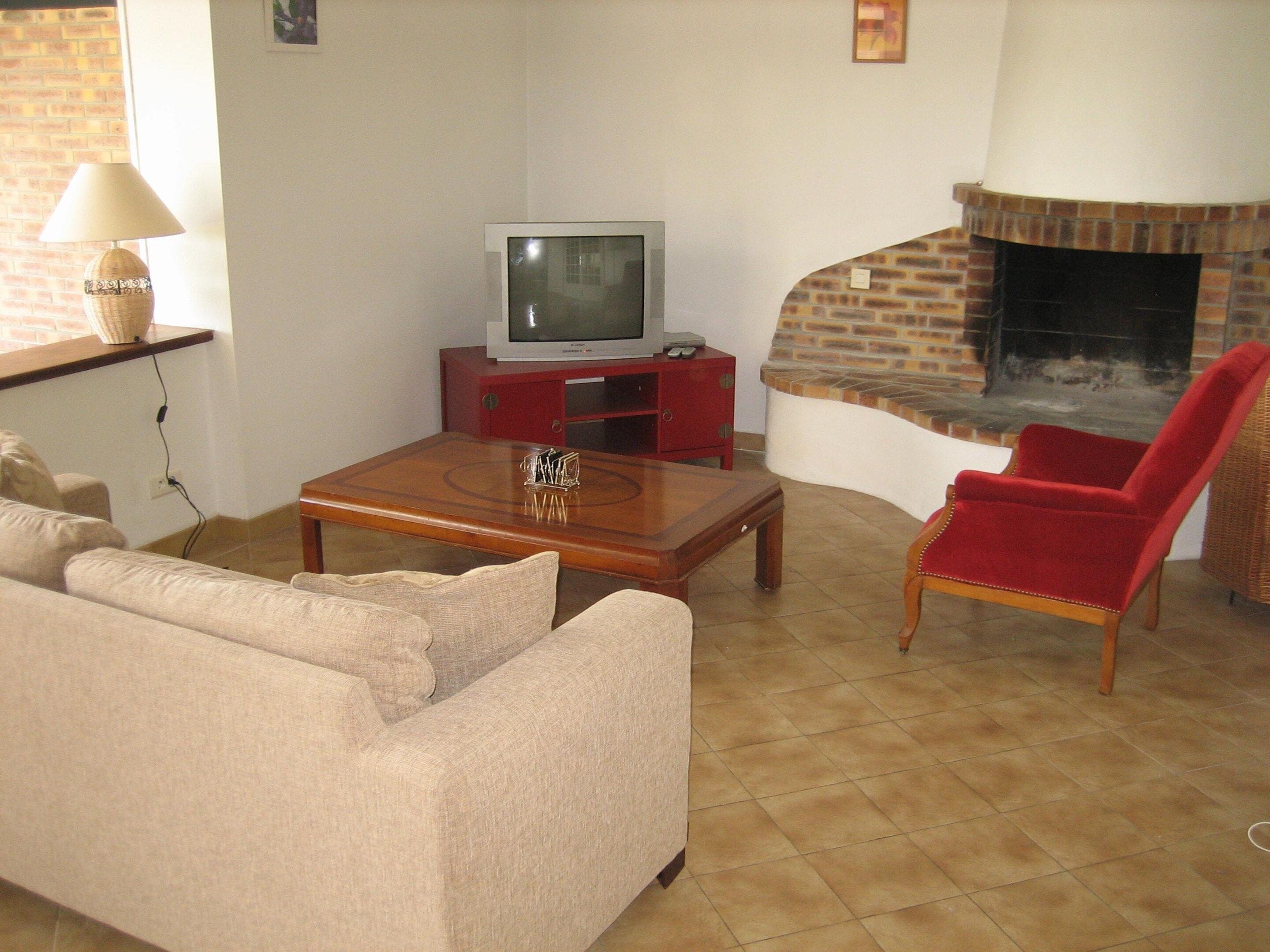 Een woonkamer met een televisie, een open haard, een bank en een rode fauteuil.