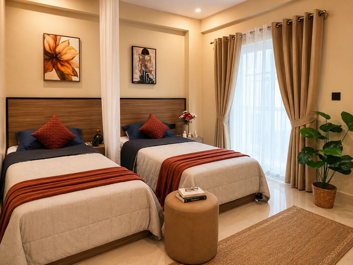 Quarto de hotel com duas camas, uma janela grande com cortinas, um vaso de planta e obras de arte nas paredes.