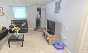 Una sala de estar con un sofá de cuero, un televisor sobre un mueble de madera, una chimenea y un florero con flores sobre una mesa de centro.