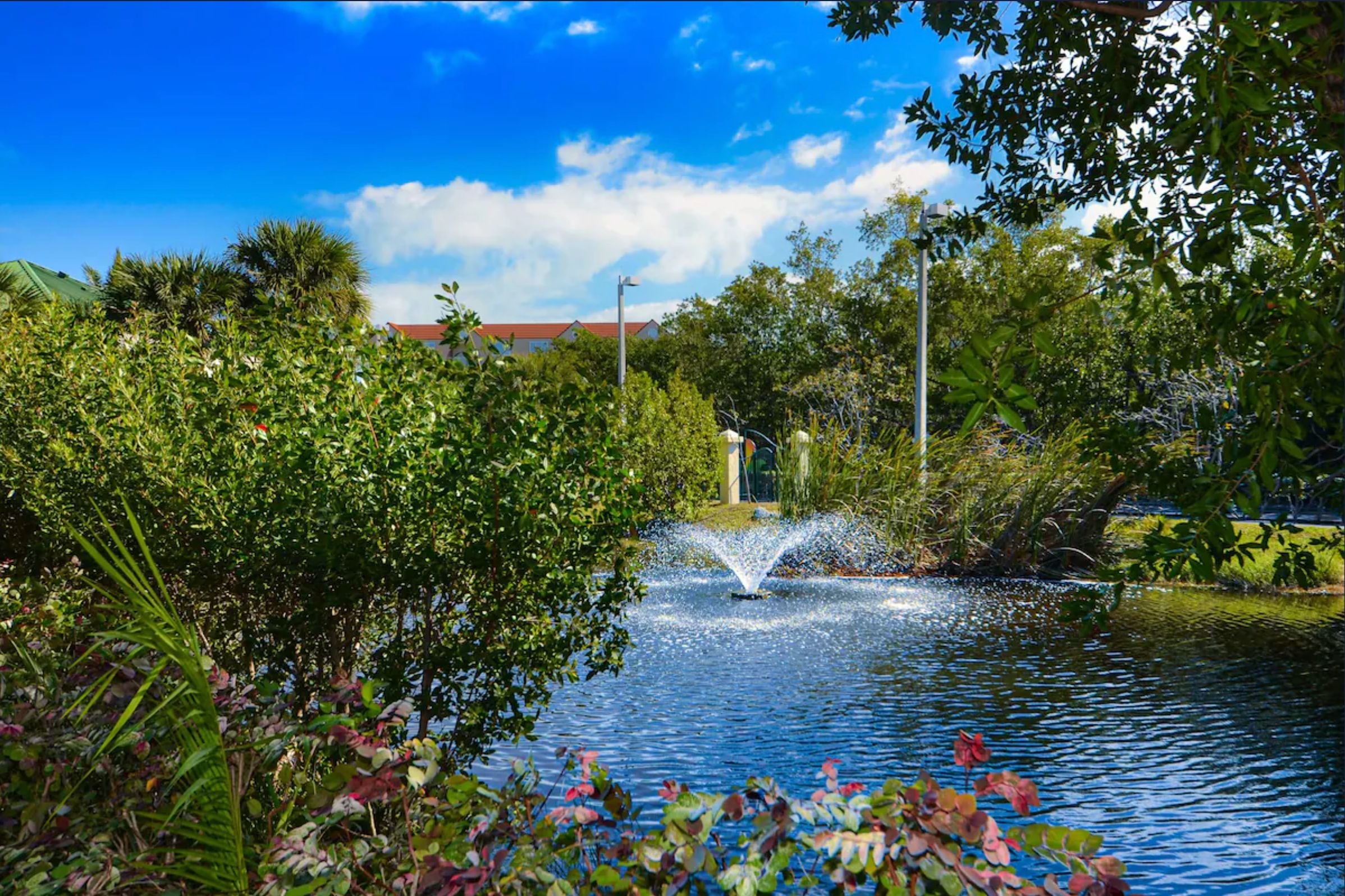 Una tranquilla vasca d'acqua con una fontana, circondata da vegetazione rigogliosa e un cielo azzurro intenso.
