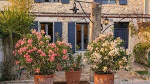 Ein Gebäude aus Stein mit einem Ziegeldach, einem zentralen Eingang und drei großen Kübeln mit rosa Blüten.