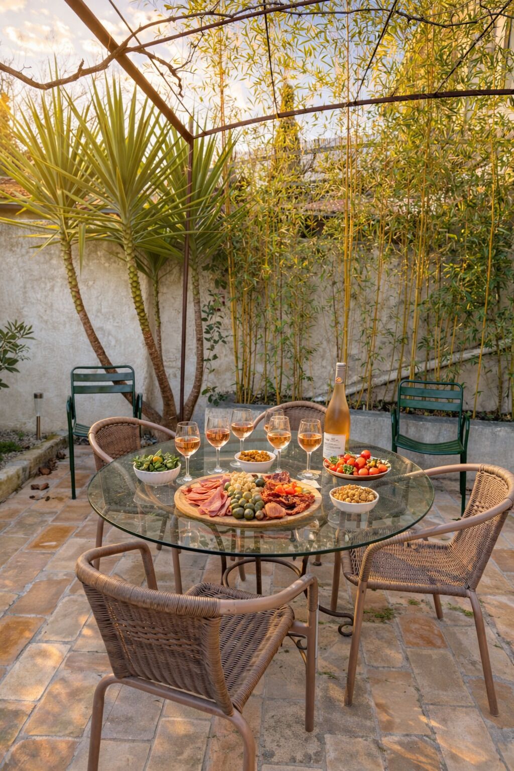 An outdoor dining area with a glass table surrounded by wicker chairs, a variety of food and drinks, and bamboo plants in the background.