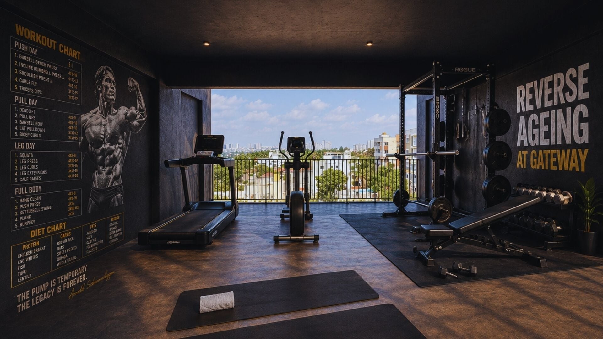 Un gimnasio con un cuadro de entrenamiento, equipo de ejercicio y vistas de la ciudad.