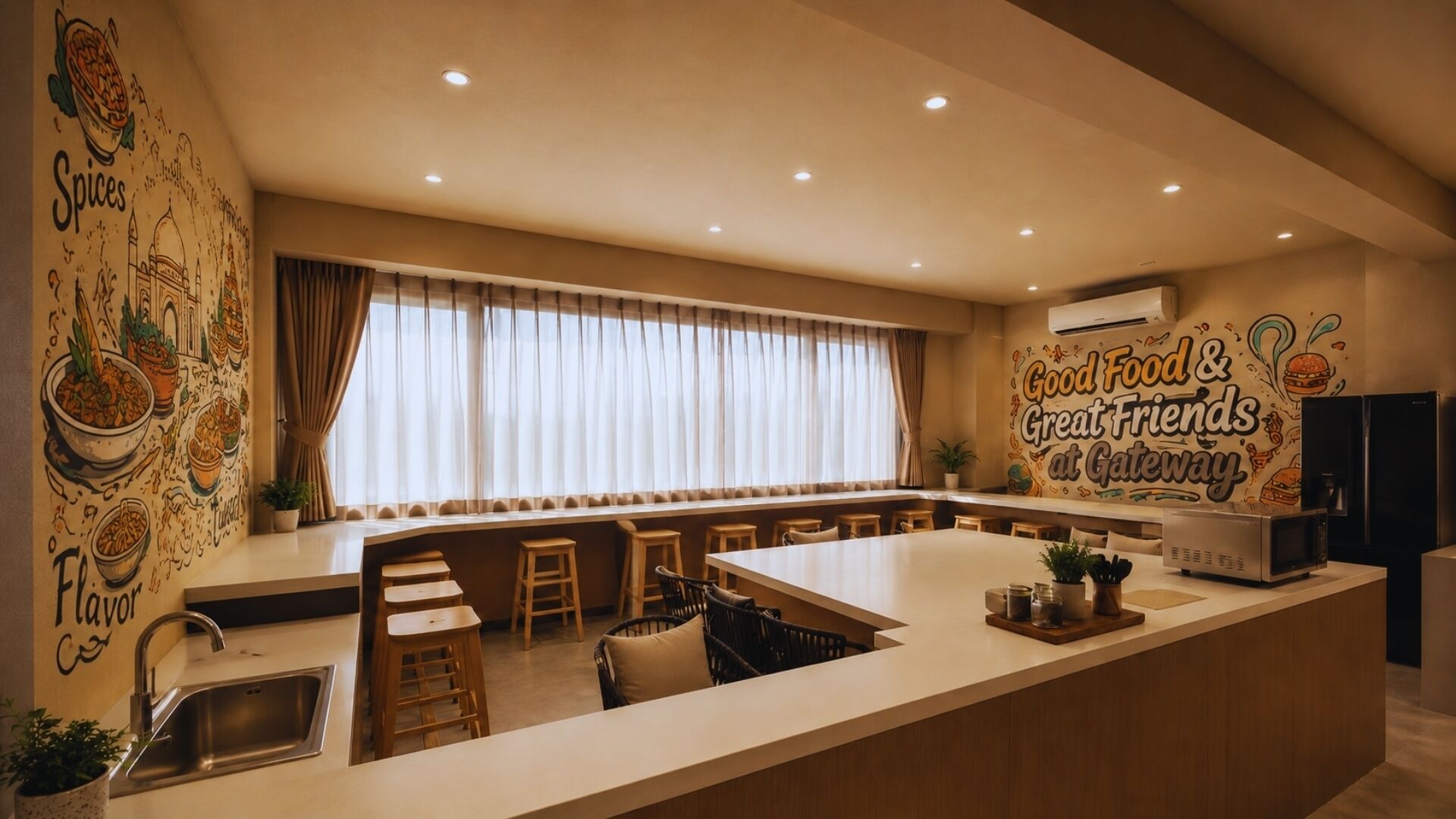 Een moderne keuken met een centraal eiland, barkrukken en een eethoek.