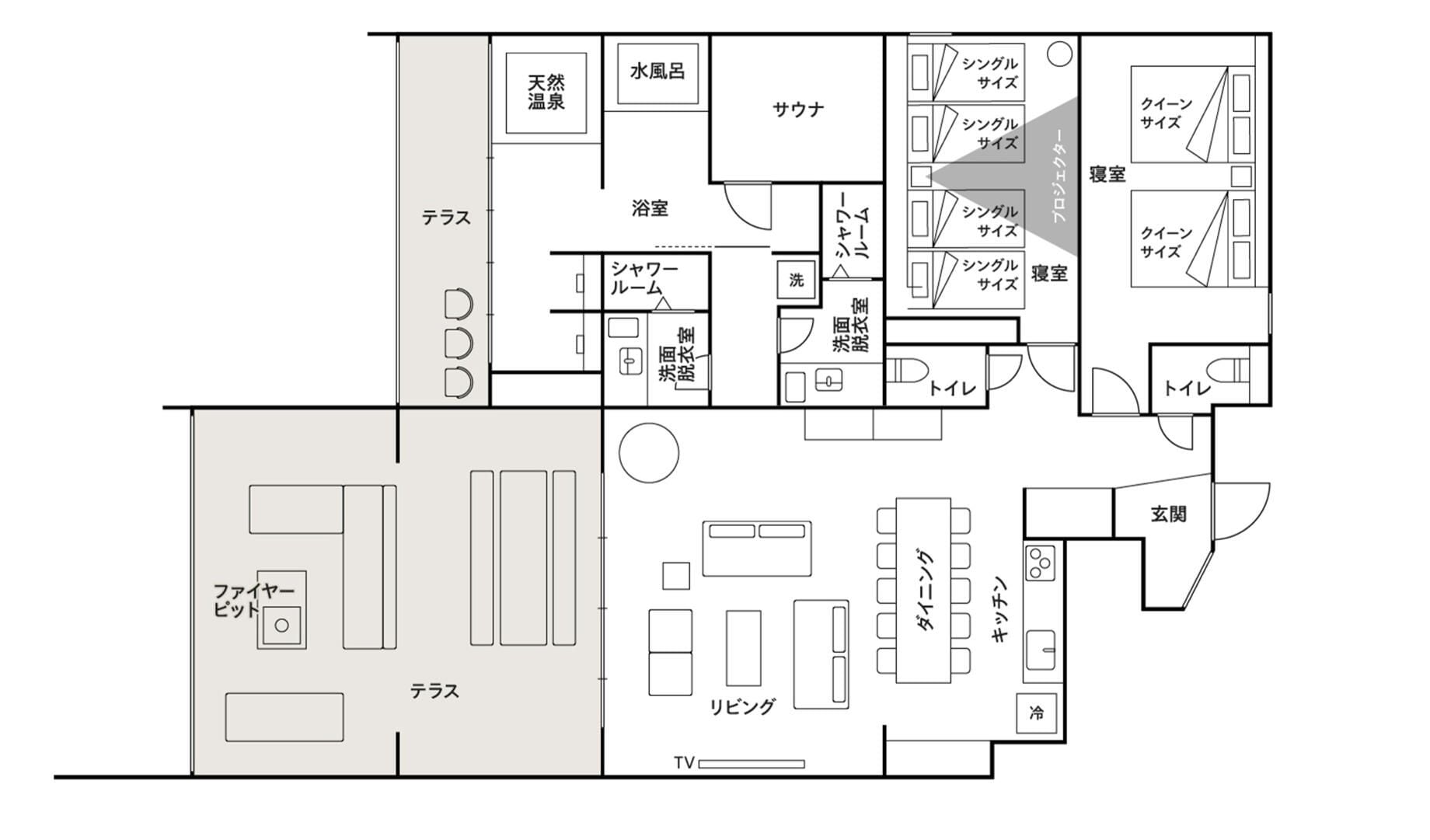 A hotel floor plan with multiple rooms, including a living area, dining area, and a TV room.