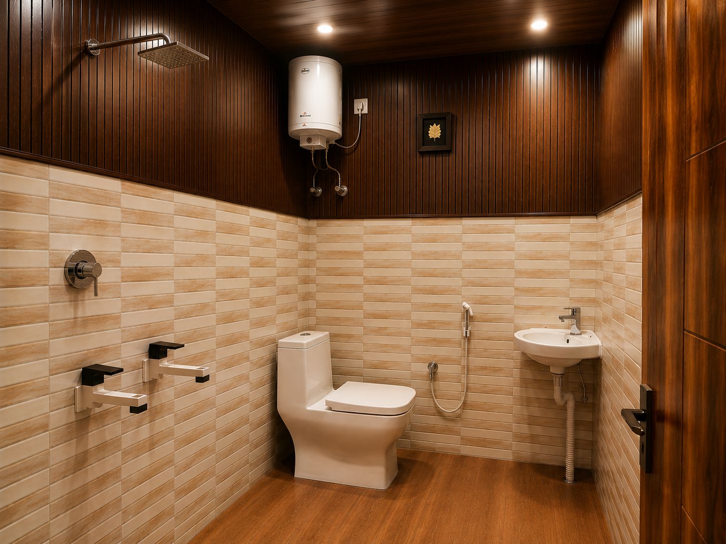 Un baño con inodoro, bidé y lavamanos, paneles de madera y calentador de agua instalado.