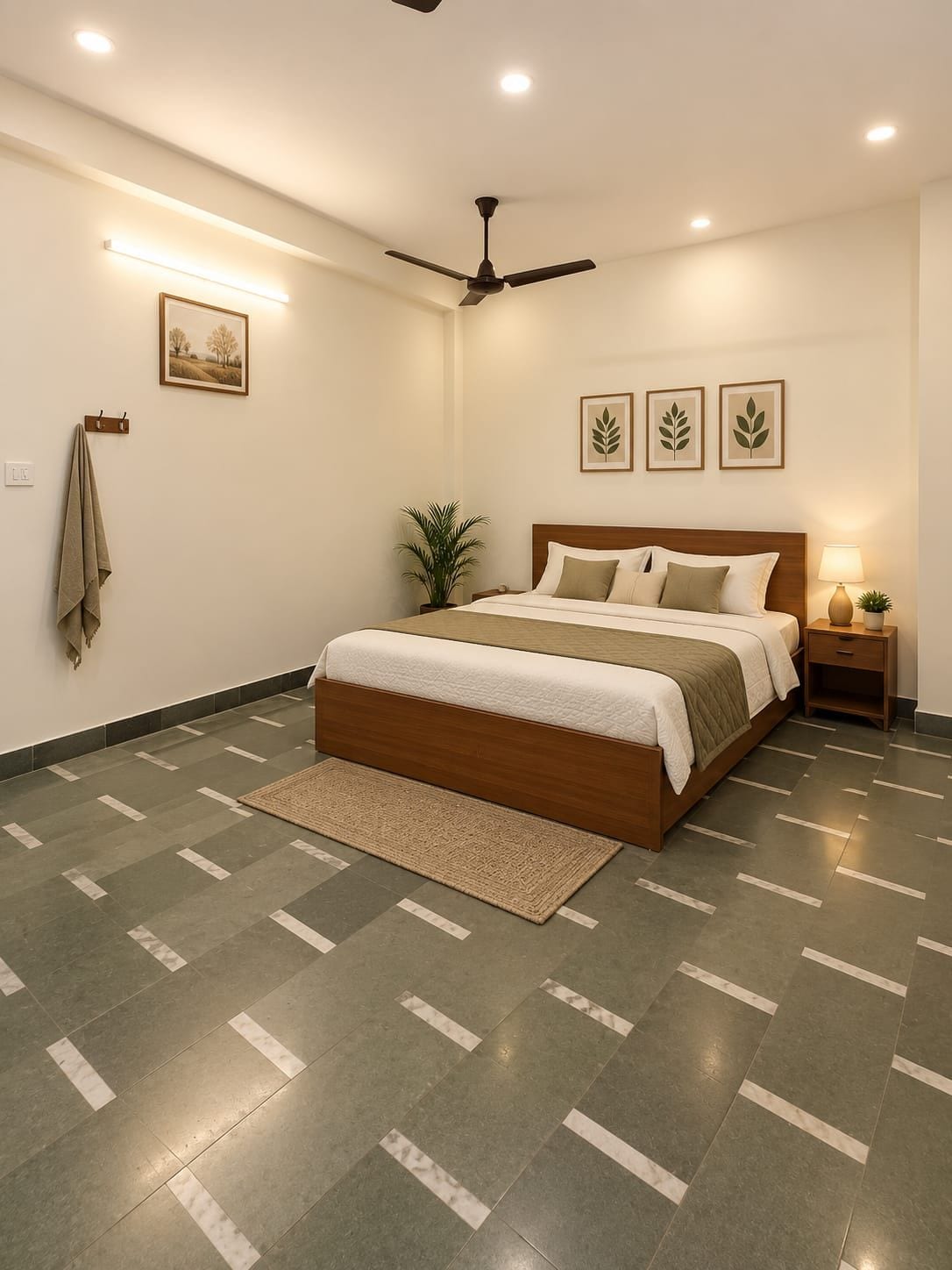 Un dormitorio con cama, mesitas de noche, ventilador de techo y suelo con diseño geométrico.