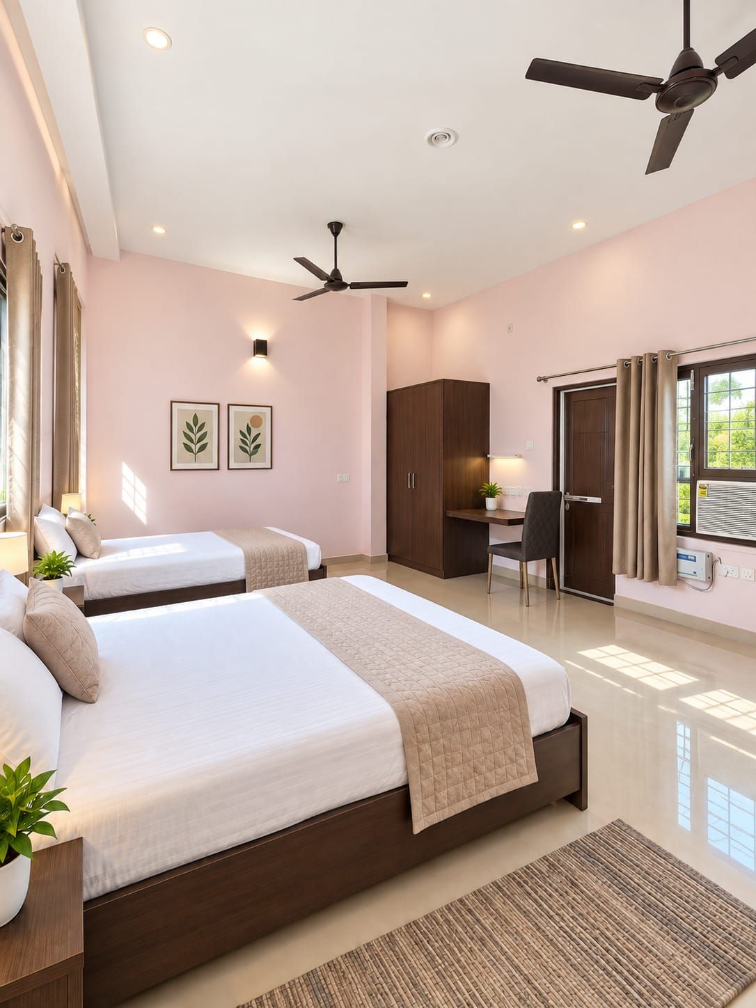 A hotel room with two beds, a desk, a wardrobe, and a ceiling fan.