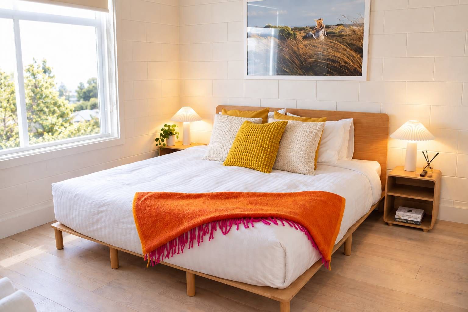 A bedroom with a bed, bedside tables, a window, and a painting on the wall.