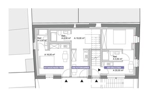 A hotel floor plan with labeled rooms and their areas. - Superior Apartment Food Room AD1716 (Marktheidenfeld)