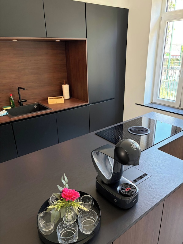 A modern kitchen with a built-in sink, a compact stove, and a decorative vase with flowers on the counter. - Luxurious and beautiful app in Brussels (Brussels)