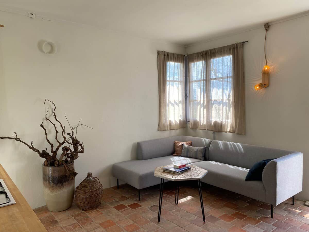Ein Wohnzimmer mit grauem Sofa, einem kleinen Couchtisch und einem Blumentopf.
