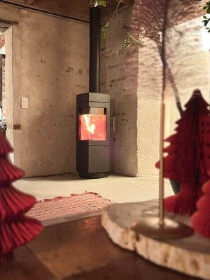 Una habitació amb una llar de foc moderna, una paret de formigó i un sòl de fusta.