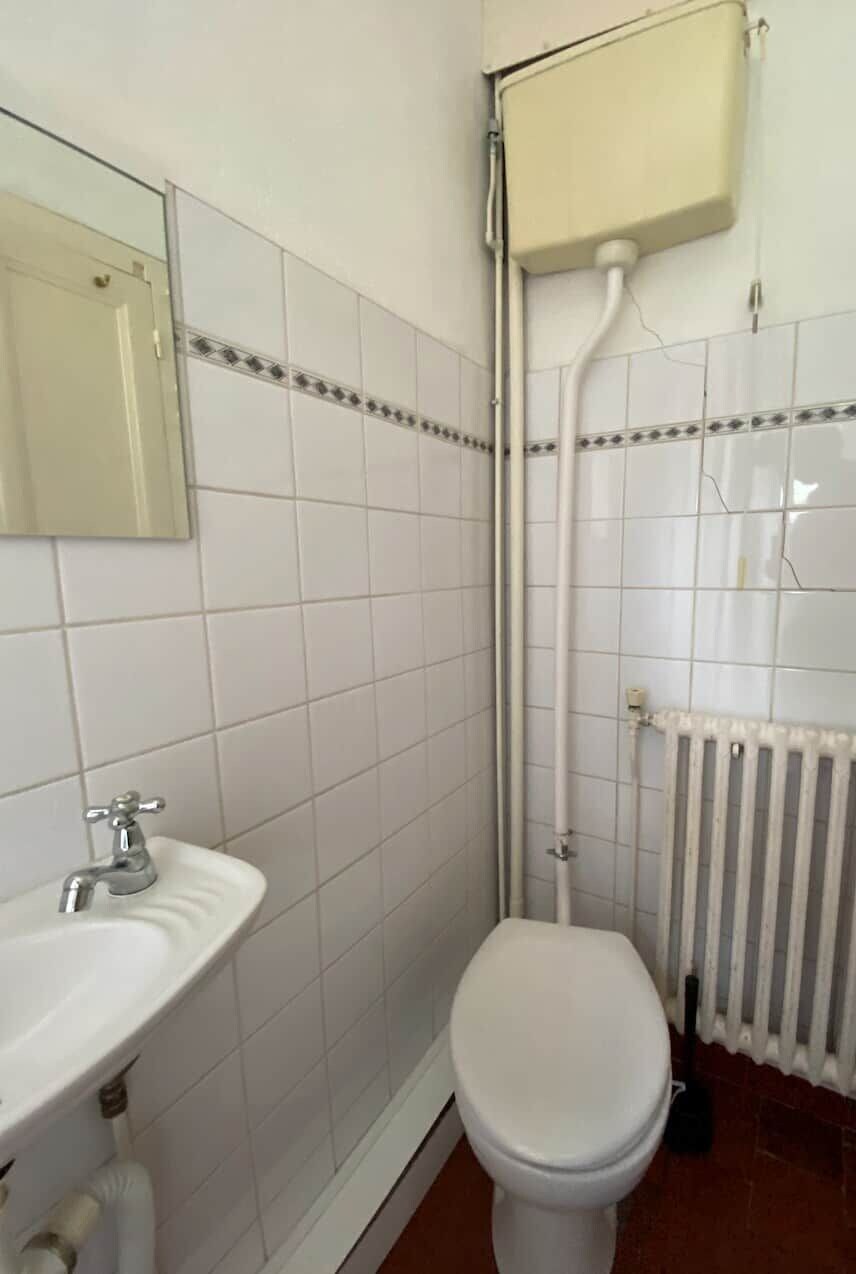 Une salle de bain avec un lavabo blanc, des toilettes et un espace douche.