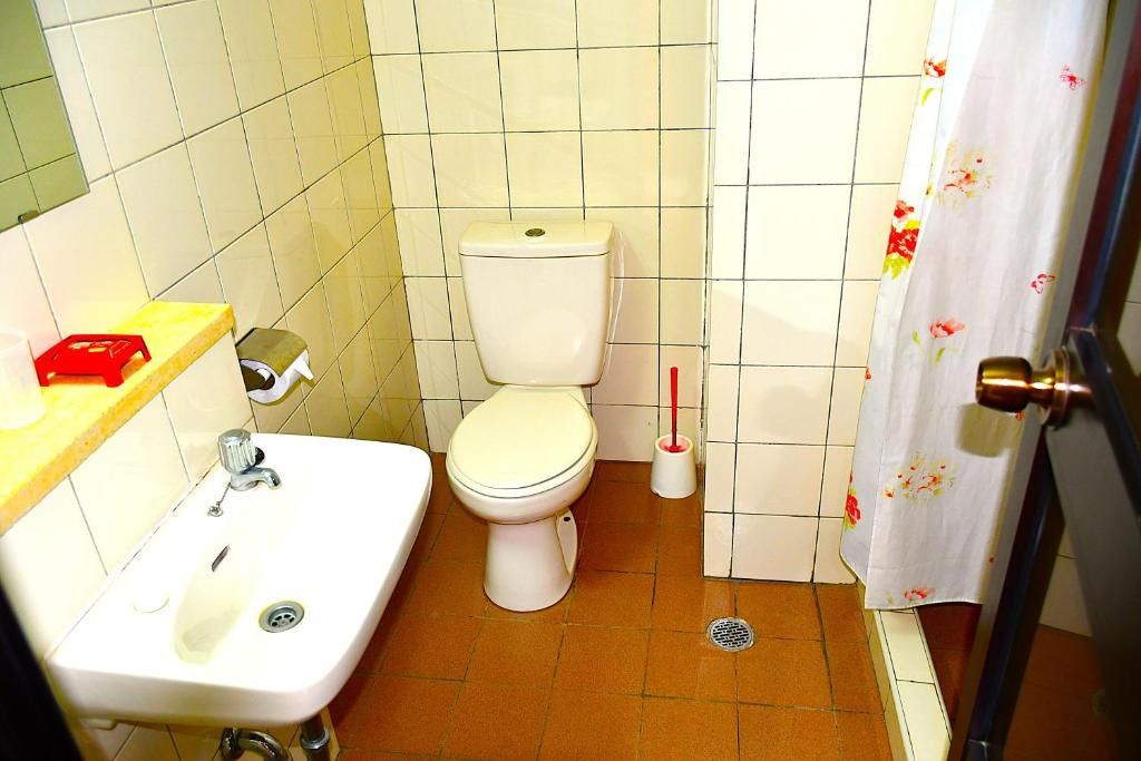 Un baño pequeño con inodoro, lavabo y cortina de ducha.