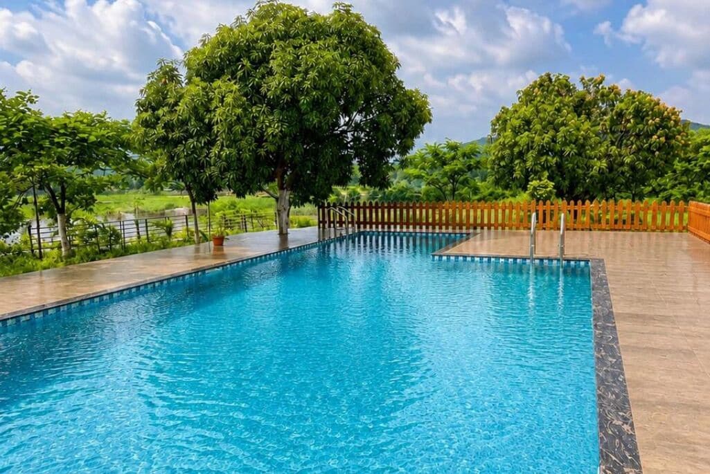 En rektangulær swimmingpool med en træterrasse hele vejen rundt, træer i baggrunden og en klar himmel.
