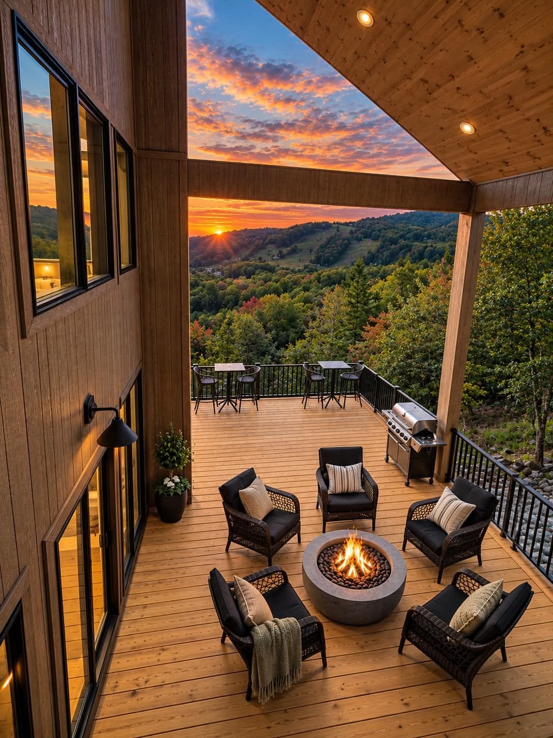 Eine Terrasse mit Gartenmöbeln, einer Feuerstelle und einem herrlichen Ausblick auf einen Sonnenuntergang über einer bewaldeten Landschaft.