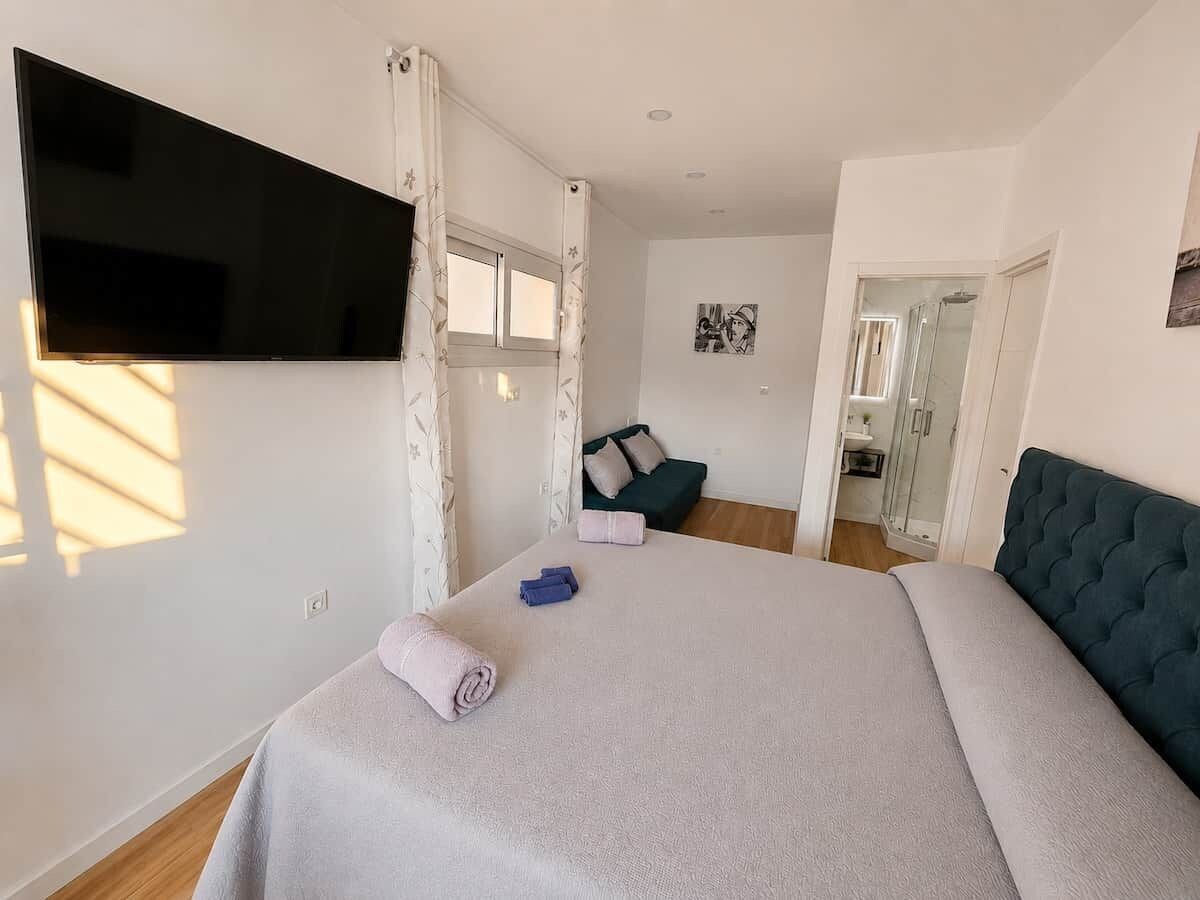 Ein Schlafzimmer mit einem Bett, einem an der Wand montierten Fernseher, einer Duschkabine und einer kleinen Sitzecke mit einer Couch.