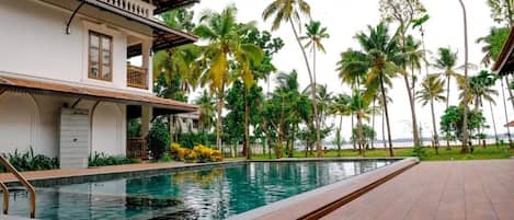 A swimming pool adjacent to a building with a balcony, surrounded by palm trees.