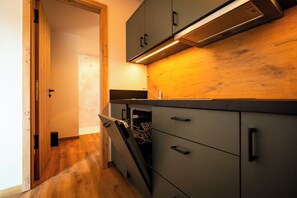 A compact kitchen with a dishwasher, a built-in oven, and a wooden backsplash.