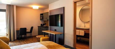 Apartment, 1 King Bed with Sofa bed, Kitchenette (201 Sodale) | In-room safe, desk, laptop workspace, blackout drapes