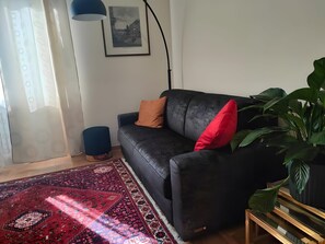 Un saló modern amb un sofà fosc, un coixí vermell, una planta verda gran, una catifa amb dibuixos i una fotografia encadrada a la paret.