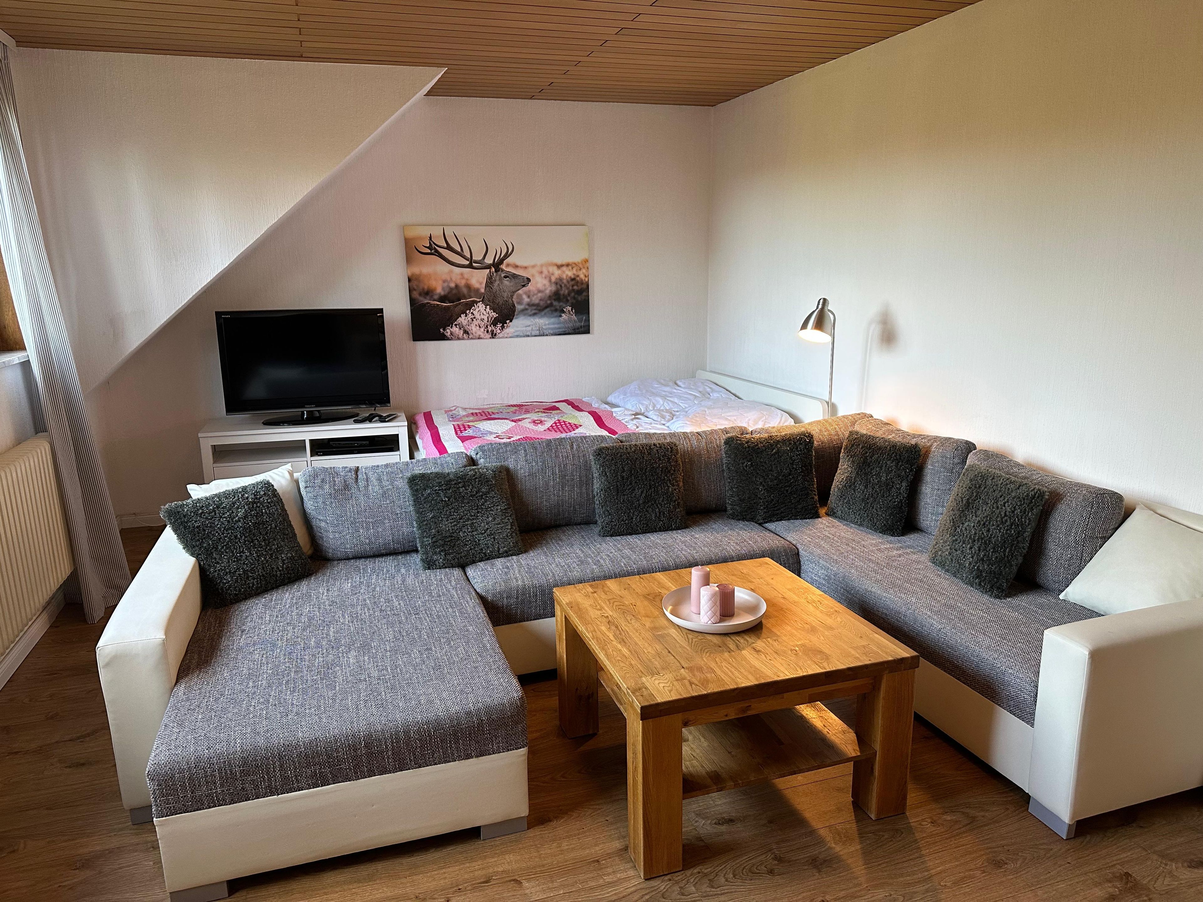 Ein modernes Wohnzimmer mit einem Ecksofa, einem Holztisch, einem Flachbildfernseher und einem Bett mit Steppdecke.