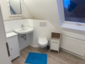 Ett badrum med ett vitt handfat, en toalett och en spegel. På golvet ligger en blå badrumsmatta.
