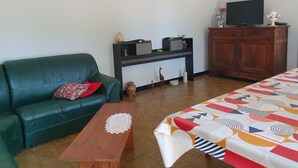 Un salón con un sofá verde, una mesa de centro de madera, una colcha estampada, un televisor sobre un mueble de madera y una estantería decorativa con diversos objetos.