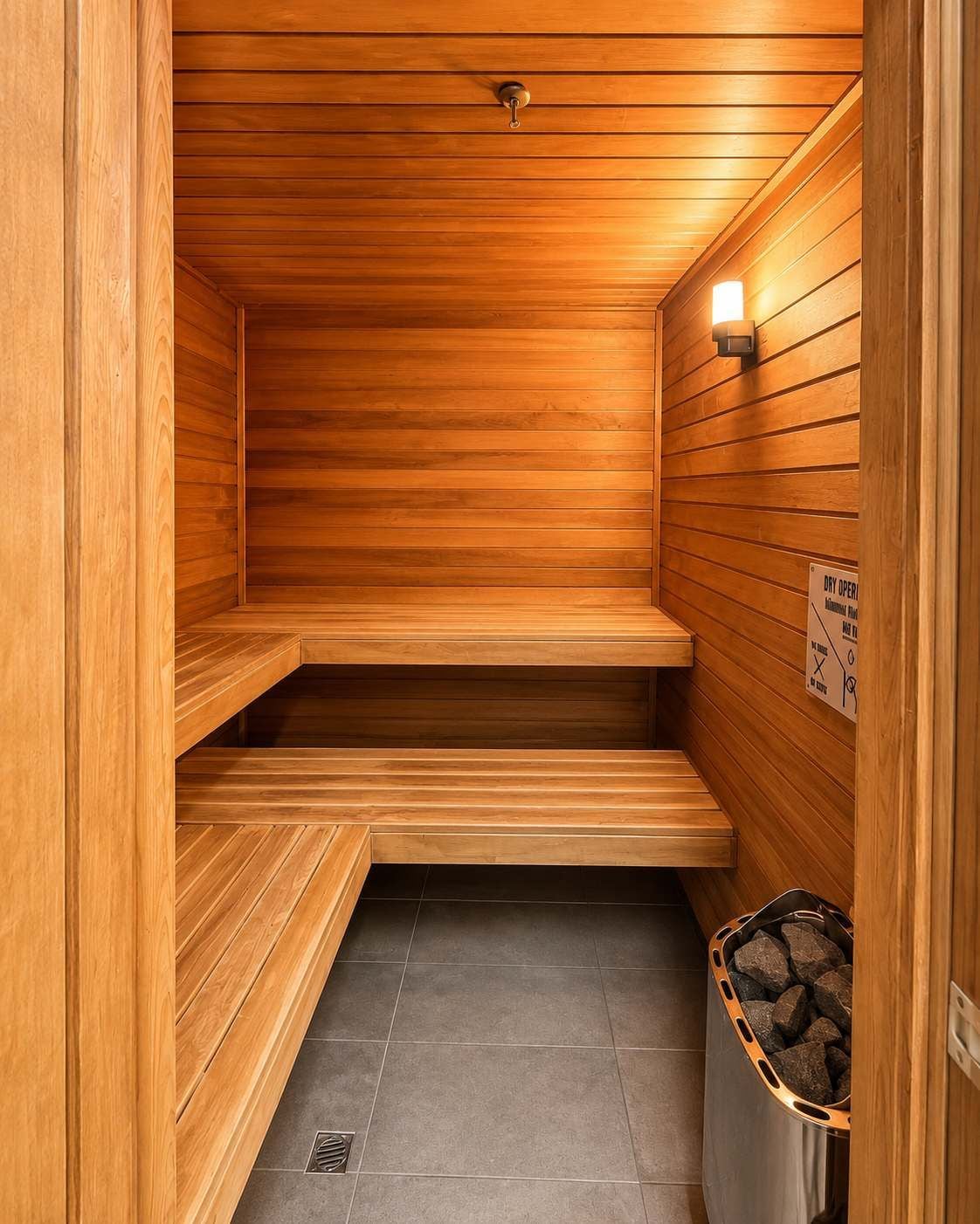 A sauna with wooden walls and benches, a tiled floor, and a trash bin.