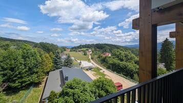 A view from a balcony overlooking a rural landscape with houses, trees, and a dirt road.