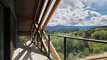 Uma varanda com vista para uma paisagem montanhosa.
