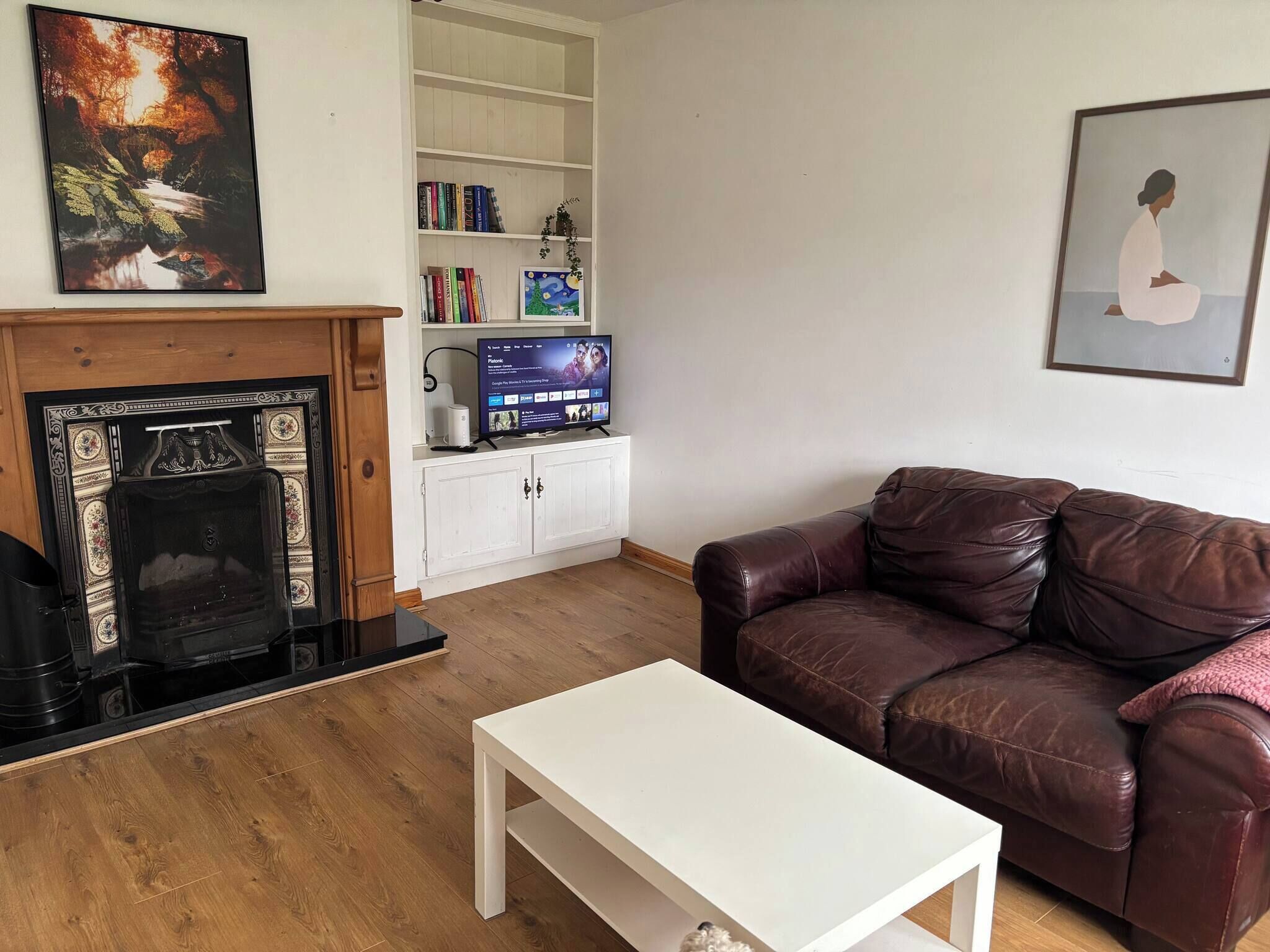 A living room with a fireplace, a television, a bookshelf, and a brown leather couch.