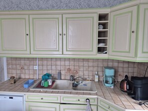 A kitchen with green cabinets, a sink, a coffee maker, and a kettle. - Large village house, 90 m² – Sleeps 10 – Lac du Der – 8 km from Saint-Dizier (Hallignicourt)