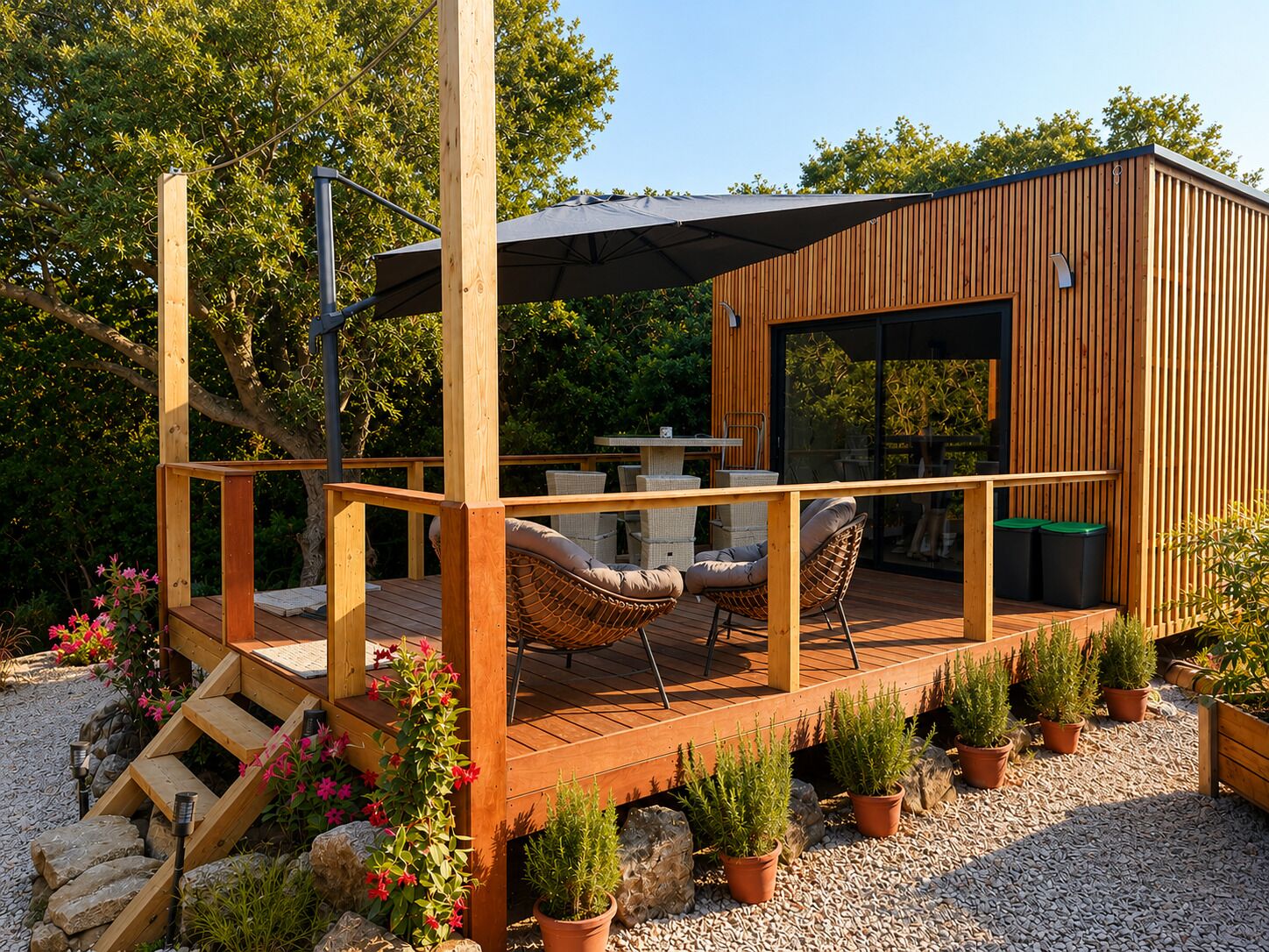Une terrasse en bois avec des meubles d’extérieur, une pergola et des plantes en pot.